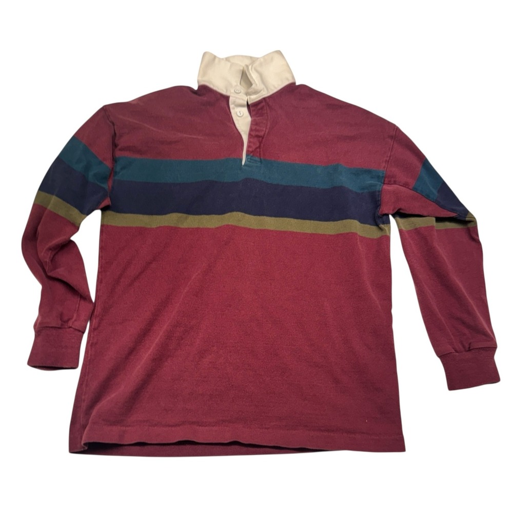 Vintage LL Bean Rugby Shirt Mens Large Burgundy Striped Long Sleeve Made in USA